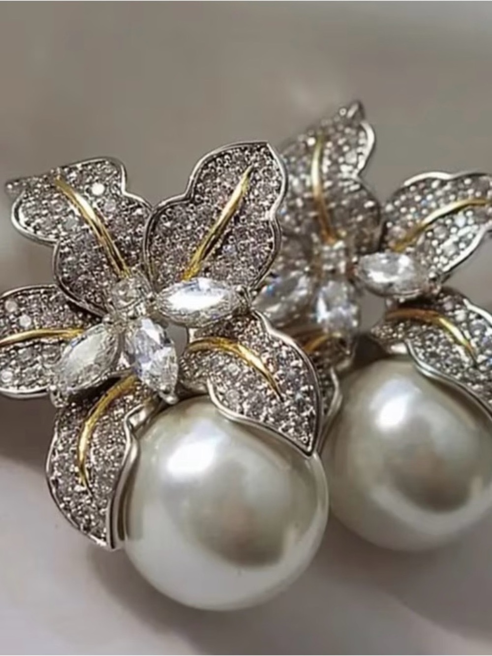 Pearl Drop Floral Earrings with Crystal Accents - White